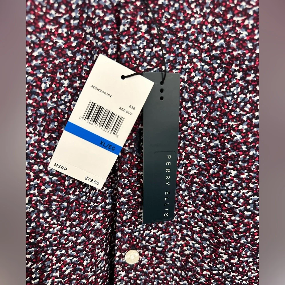 NWT - Perry Ellis Men”s Long Sleeve, Red & Gray Slim Fit Button Down - Picture 6 of 7